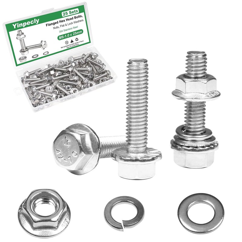 Yinpecly 25 Sets M6-1.0 x 25mm Flanged Hex Head Bolts Kits, M6 Flange Hexagon Screws and Nuts,Flat & Spring Lock Washers,18-8 (304) Stainless Steel,Metric Bolt Assortment, Fully Threaded - Image 1